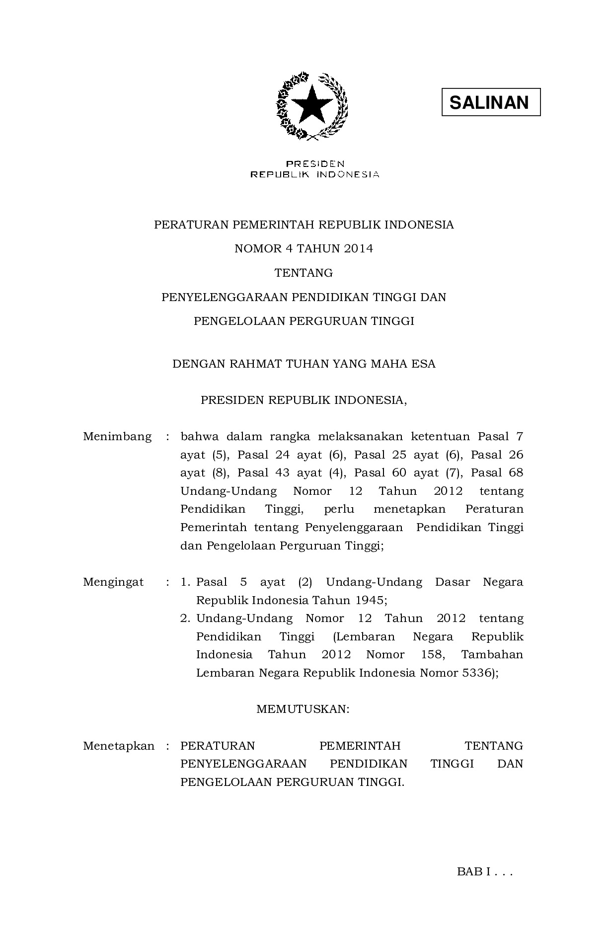 Peraturan Pemerintah Nomor 4 Tahun 2014 tentang Penyelenggaraan Pendidikan Tinggi Dan Pengelolaan Perguruan Tinggi