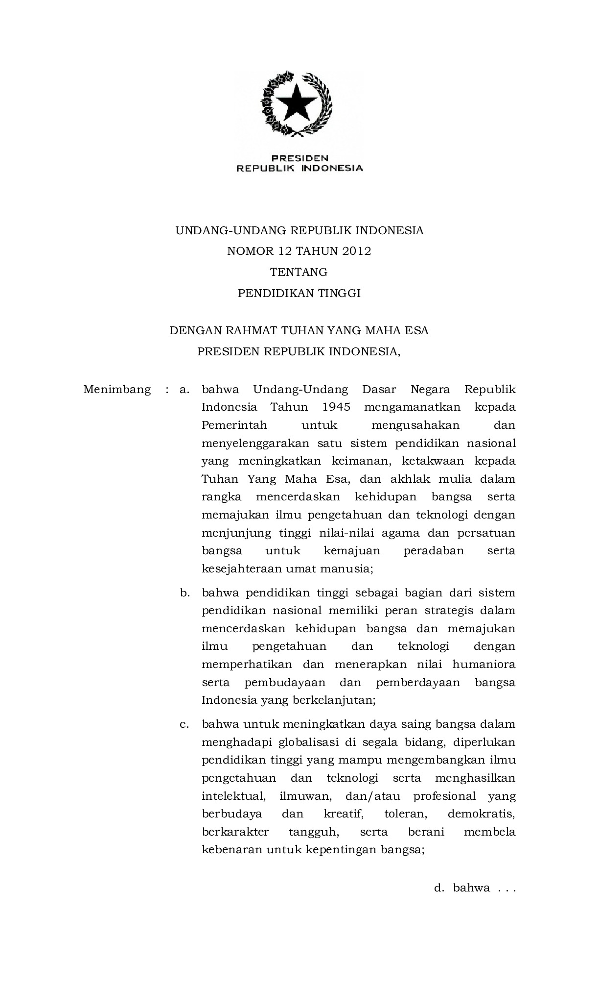  Undang-Undang Nomor 12 Tahun 2012 tentang Pendidikan Tinggi