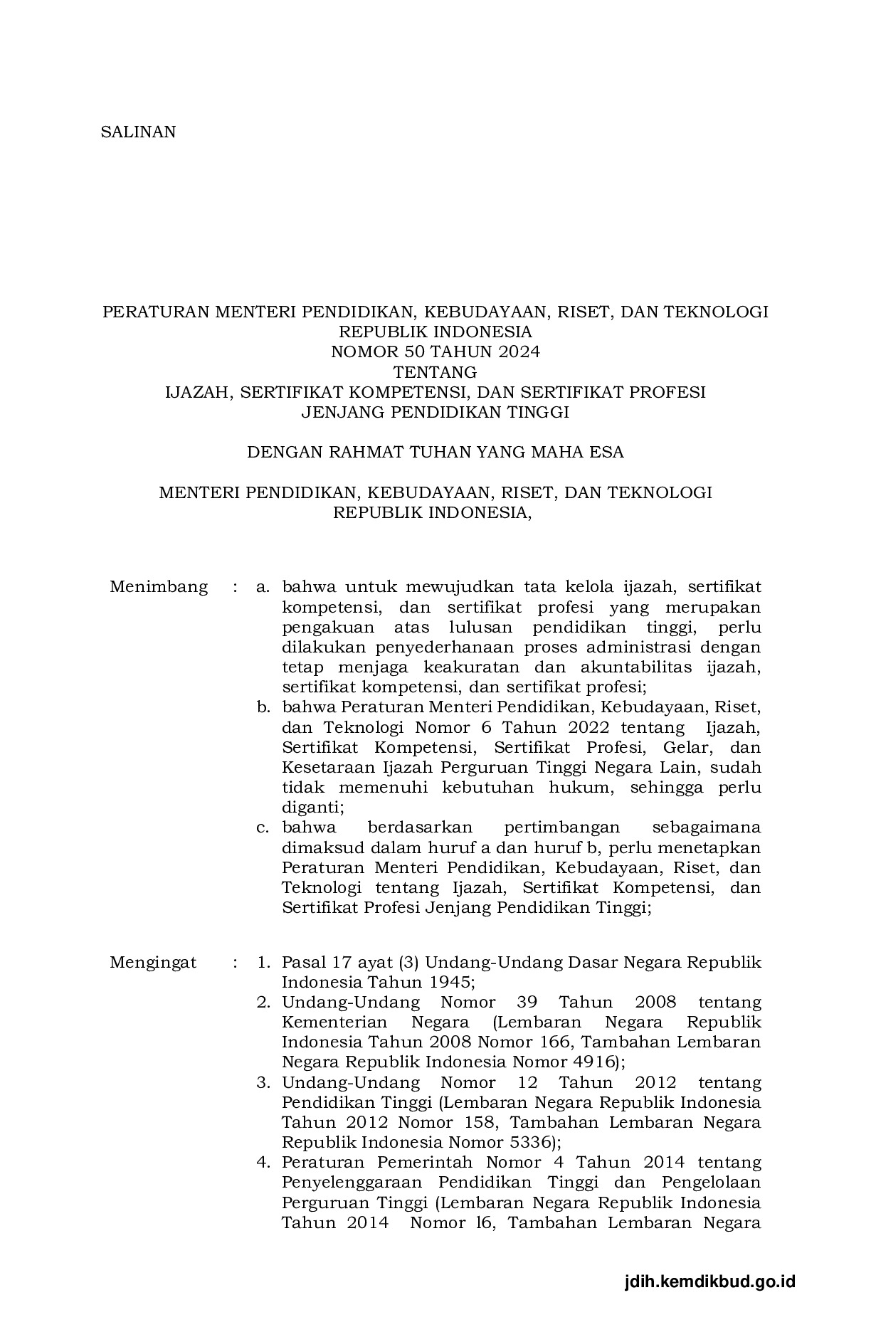 Peraturan Menteri Pendidikan, Kebudayaan, Riset, dan Teknologi Nomor 50 Tahun 2024 tentang Ijazah, Sertifikat Kompetensi, dan Sertifikat Profesi Jenjang Pendidikan Tinggi