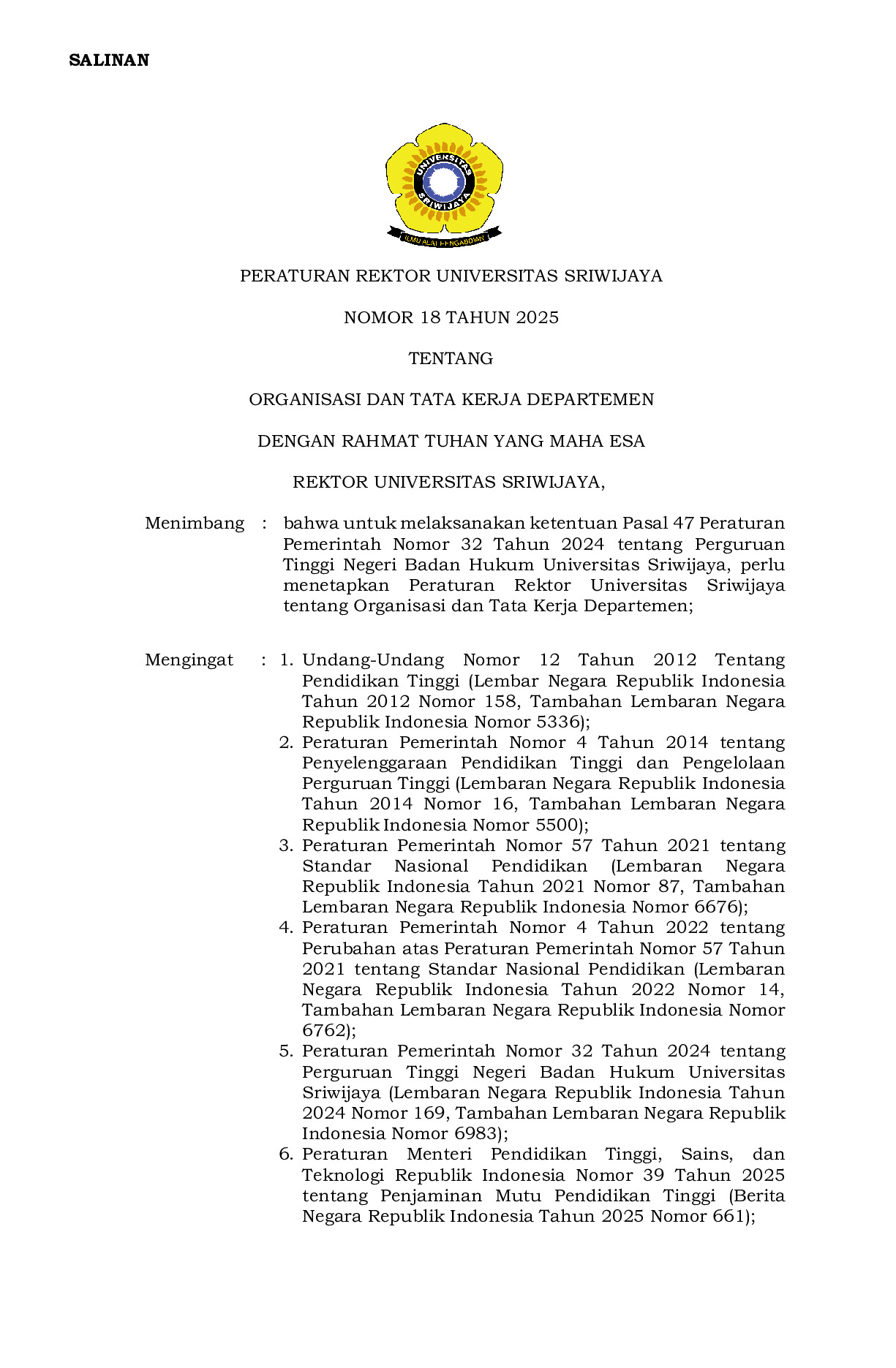 Peraturan Rektor Universitas Sriwijaya Nomor 18 Tahun 2025 tentang Organisasi dan Tata Kerja Departemen